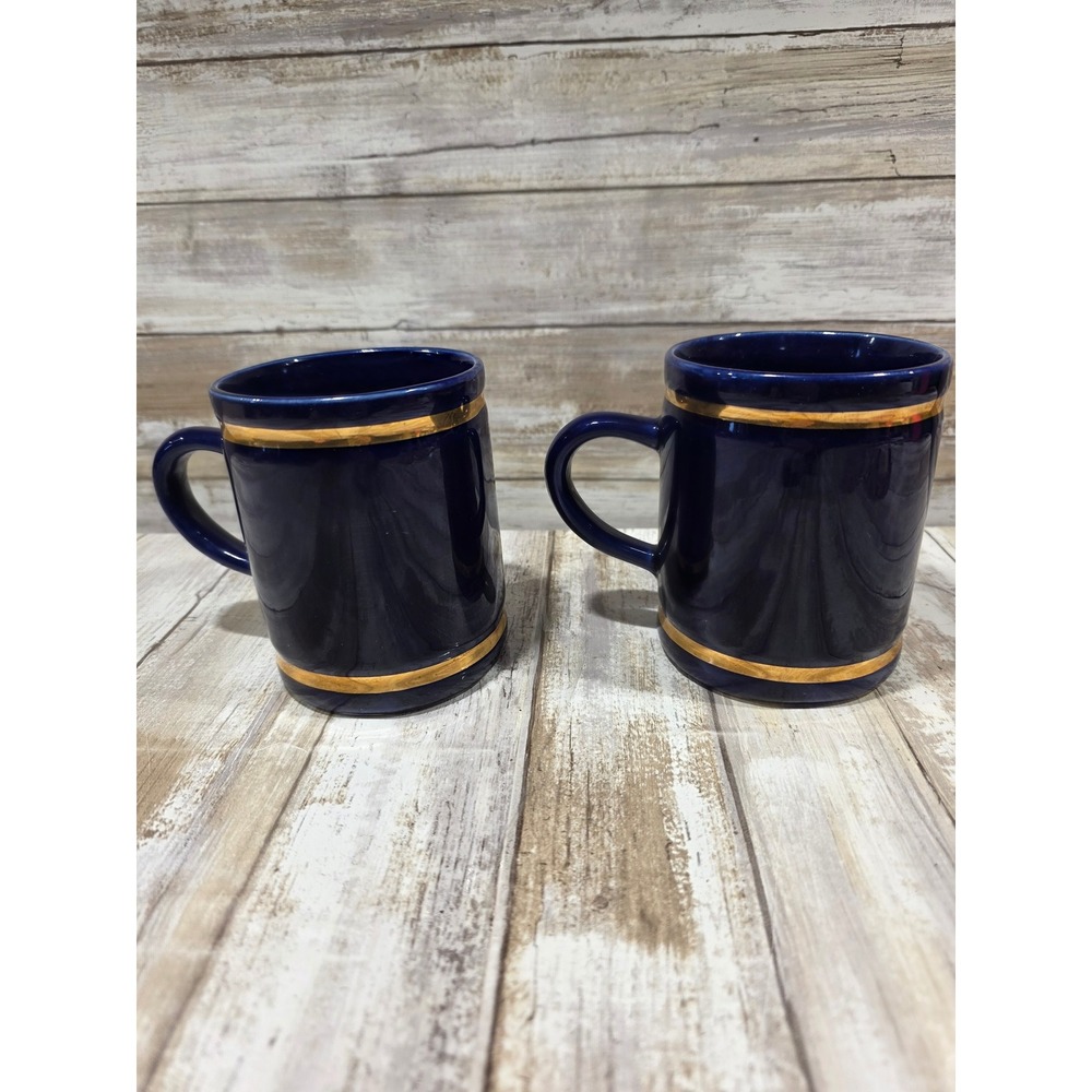 Set of 2 Navy Blue Ceramic Mugs with Gold Bass Fish Design and Gold Trim USA - Picture 4 of 9